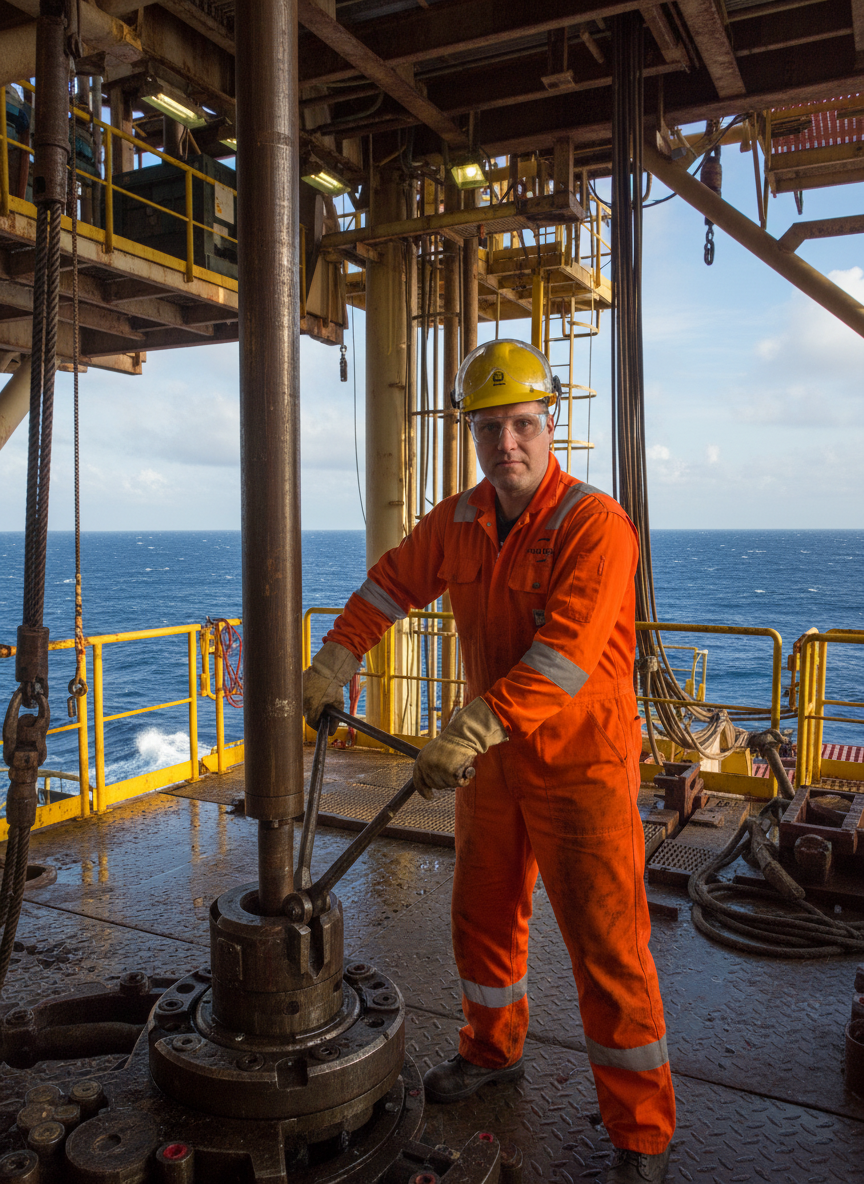 Patrick working on the drill floor with the sea in the background